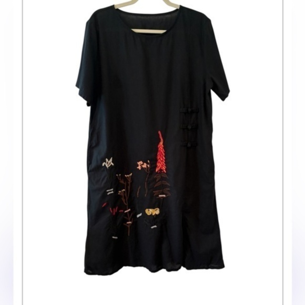 YESNO Linen Cotton Embroidered Tunic Dress Black Artsy Boho Medium